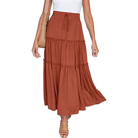 Women Elastic Pleated Dress High Waist Boho Maxi Skirt Ladies Ruffle