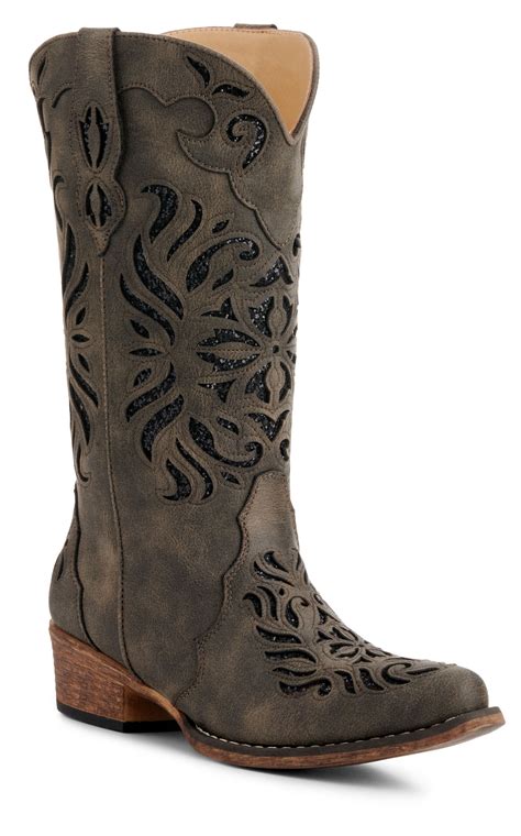 Roper Women S Riley Grey With Black Glitter Inlay Snip Toe Cowboy Boots