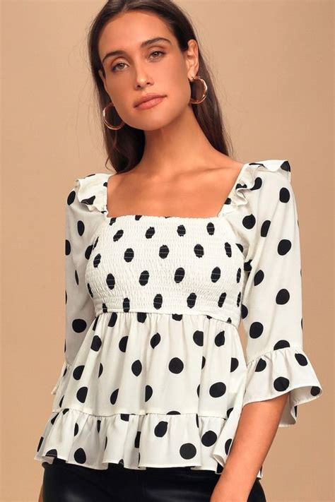 Cute White Polka Dot Top Peplum Top Tiered Ruffle Top Ad Polka