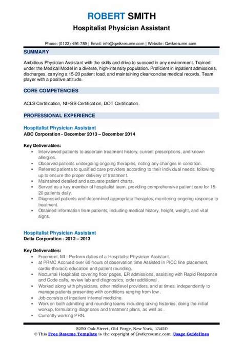 Hospitalist Physician Assistant Resume Samples Qwikresume