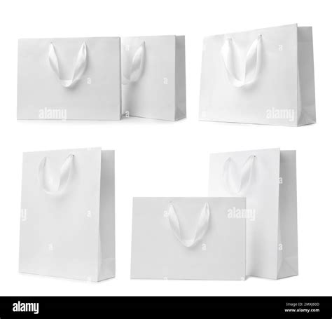 Set With Paper Shopping Bags On White Background Stock Photo Alamy