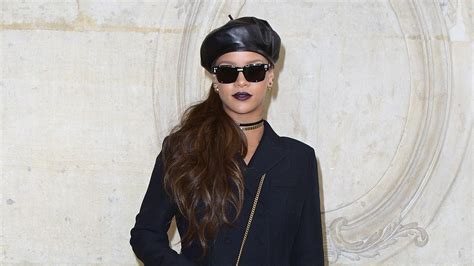 Rihanna Wears Black Leather Beret Front Row at Dior Fall 2017 | Vogue