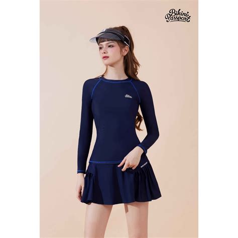 Áo bơi LẺ Nữ BIKINI PASSPORT kiểu tay dài kín đáo basic có logo màu Xanh Navy BS1004 NV