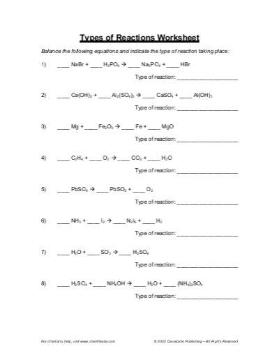 Six Types Of Chemical Reaction Worksheet Types Of Reactions Worksheet