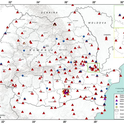 Harta stațiilor seismice GNSS și infrasonice administrate sau