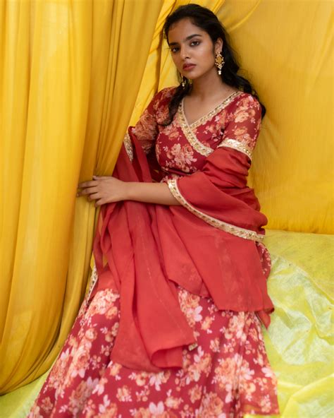 Brick Red Floral Georgette Anarkali With Dupatta Set Of Two By Athira Designs The Secret Label