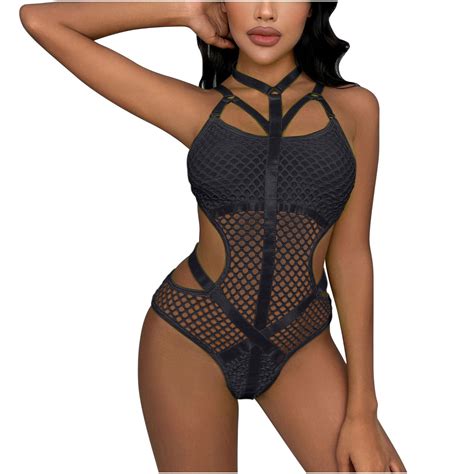 Odeerbi One Piece Lingerie For Women 2024 Sexy Hanging Neck Mesh Splicing Underwear Jumpsuit