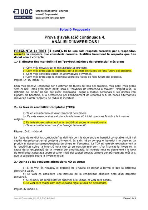 9 Inversió Empresarial PAC4 solució 9 Inversió Empresarial PAC4