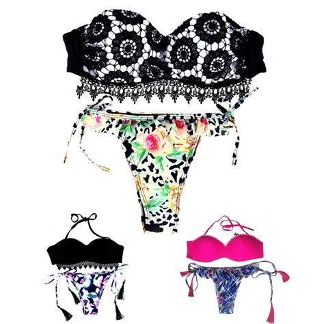 2018 Summer Style Floral Print Women Lace Bikini Set Crochet Flower