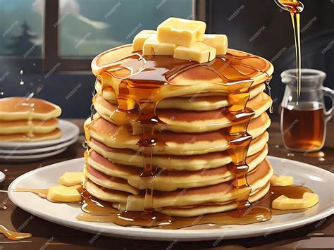 Premium AI Image | tall stack of huge fluffy pancakes covered in maple ...