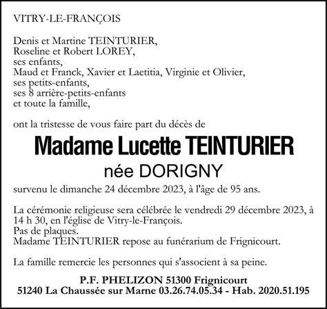 Décès De Madame Lucette Teinturier Née Dorigny 24 12 23 Annonce