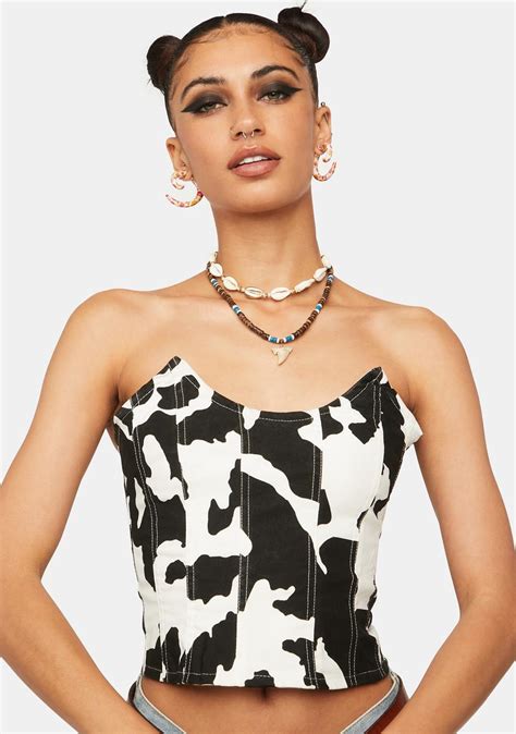 Cow Print Corset Crop Top White Black Dolls Kill