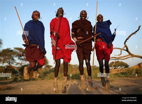 Jumping Maasai Warriors At A Traditional Dance In Loitoktok Kenya