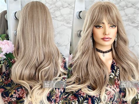 Ashy Dirty Blonde Long Ombre Wavy Wig With Bangs Her Wig Etsy