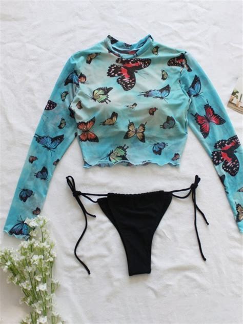 Emmiol Kostenloser Versand Schmetterlings Bikini Badeanzug aus Netzgarn mit langen Ärmeln