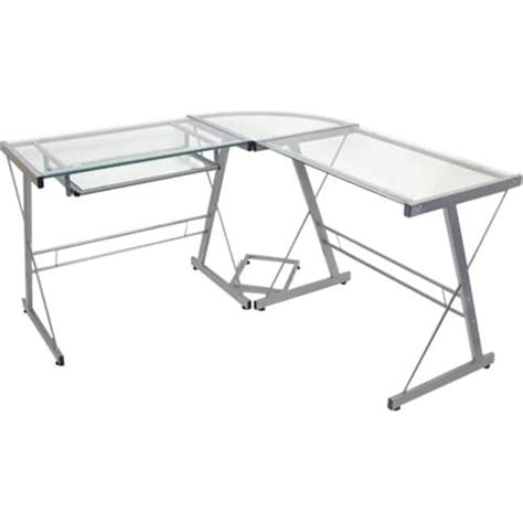 Walker Edison Modern L Shaped Tempered Glass Computer Desk Clear Silver