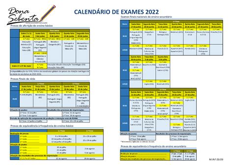 Calendário de exames nacionais de 2022 Dona Sebenta