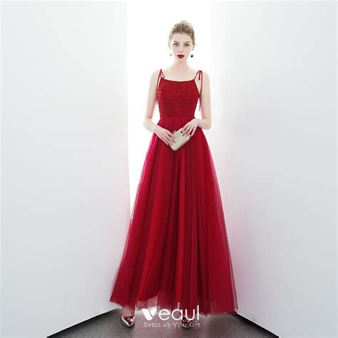 Chic Beautiful Red Evening Dresses A Line Princess Spaghetti