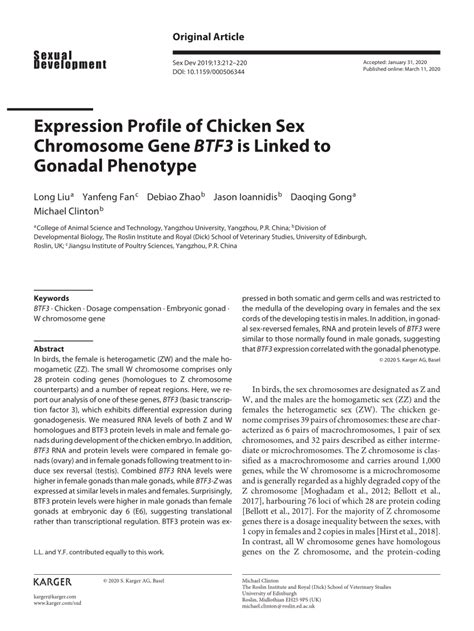 Expression Profile Of Chicken Sex Chromosome Gene BTF Is Linked To Gonadal Phenotype Request PDF