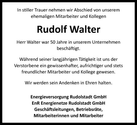 Traueranzeigen Von Rudolf Walter Trauer In Thueringen De