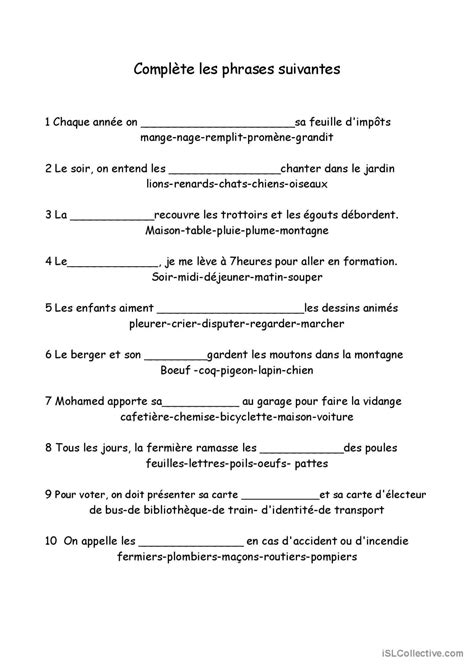 Construction de phrases compréhensio Français FLE fiches pedagogiques