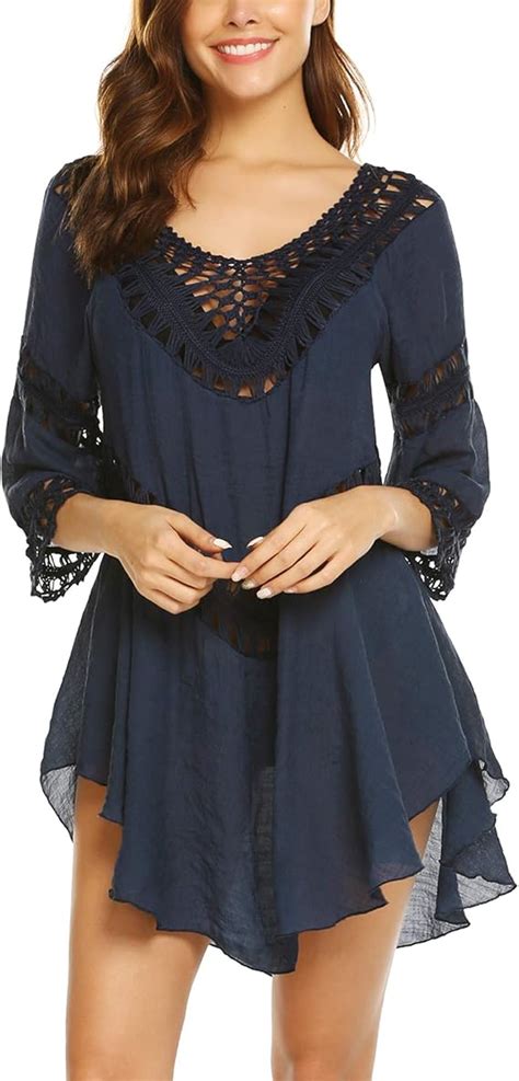 Elover Women Beach Dress Knitted Crochet Bikini Cover Up Beachwear Beach Swimwear Navy Blue Xl
