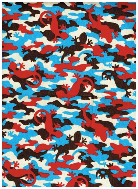 Red and Blue Camouflage Fabric with Lizards