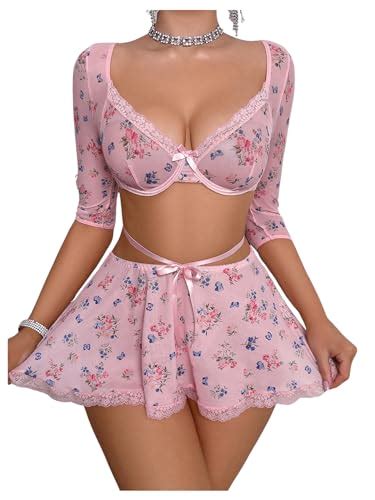 Roseseek Women S Lace Trim Floral Underwire Lingerie Sets Cute Sheer Babydoll Lingerie Skirts