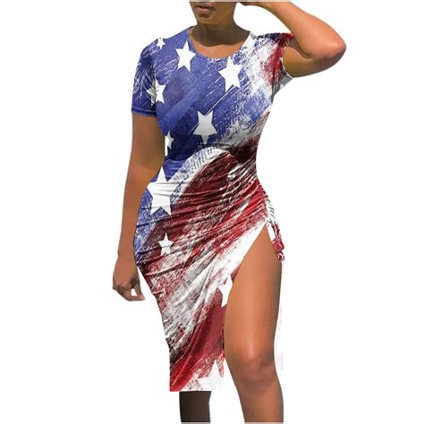 Wycnly 4th Of July Dresses For Women Sexy Bodycon Slit Drawstring