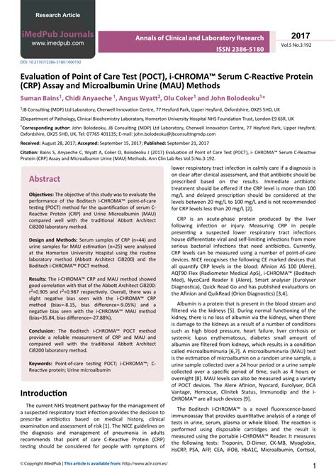 Pdf Evaluation Of Point Of Care Test Poct I Chroma™ Serum C