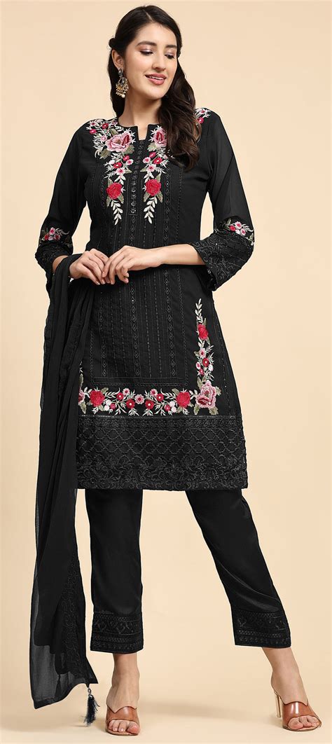 Festive Party Wear Reception Black And Grey Color Faux Georgette Fabric Salwar Kameez 1904665