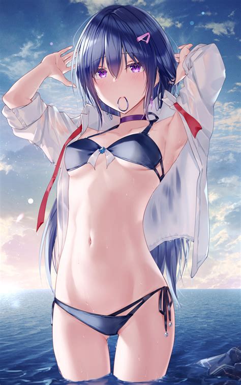 Meen Ouaughikepdvrsf Original Highres 1girl Armpits Arms Up Bikini Blue Bikini Blue