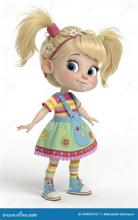 Innocent And Joyful Cartoon Girl With Blonde Pigtails Colorful Dress And Playful Pose In Full