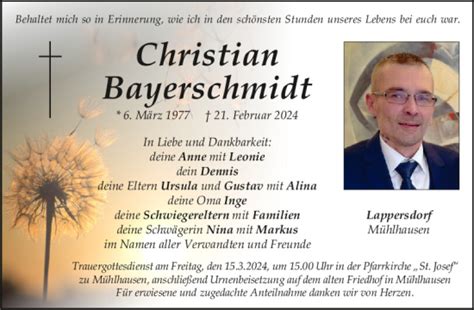 Traueranzeigen Von Christian Bayerschmidt Mittelbayerische Trauer