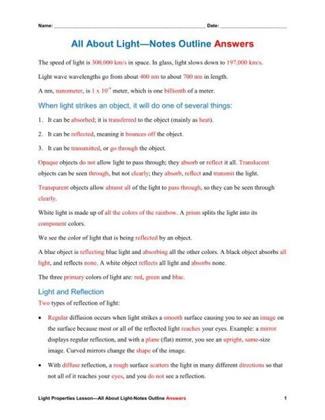 All About LightNotes Outline Answers Teach Engineering