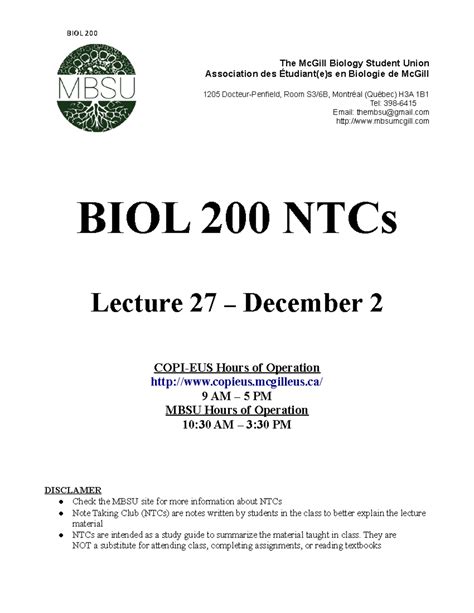 Lecture 27 Dec 2 RR13 BIOL 200 The McGill Biology Student Union