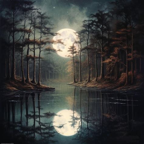 Pintura De Uma Lua Cheia Surgindo Sobre Um Lago Cercado Por Rvores