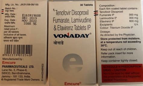 Vonaday Tenofovir Disoproxil Fumarate Lamivudine And Efavirenz Tablets