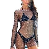 Honganda Sexy Women S Sheer Mesh Pearl Rhinestone Cover Up Dress Beach