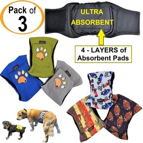 PACK of 3 Male Dog Diapers 4 Layers of Absorbent Pads Waterproof LEAK PROOF Belly Band Wrap ...