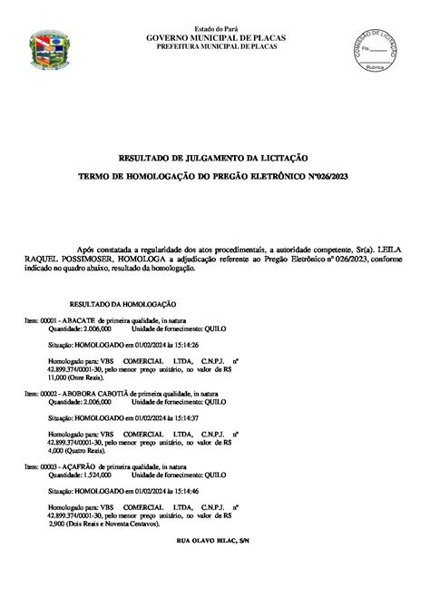 Termo De Homologa O Prefeitura Municipal De Placas Gest O