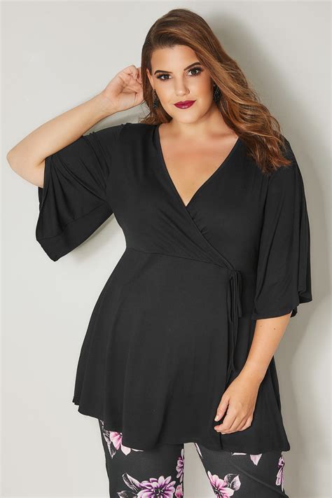 Black Kimono Sleeve Wrap Top Plus Size 16 To 36