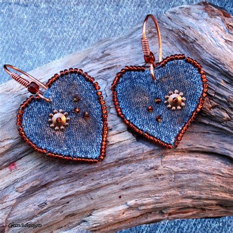 Shabby Chic Recycled Denim Heart Earrings With Beads Por Gunadesign