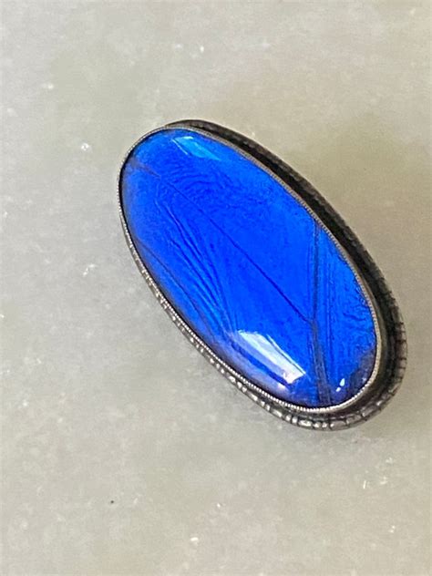 Antique England Blue Morpho Butterfly Wing Pin Brooch Gem