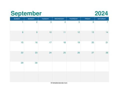 September Editable Calendar With Holidays