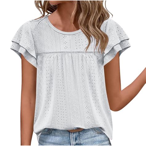 Jewelreauty Women Crew Neck Eyelet Tops Casual Flutter Short Sleeve