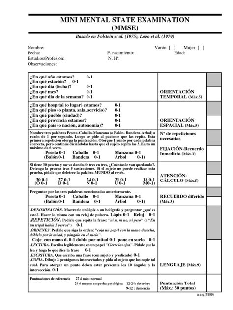 Mini Mental State Examination Mmse Basado En Folstein Et Al 1975 Lobo Et Al 1979