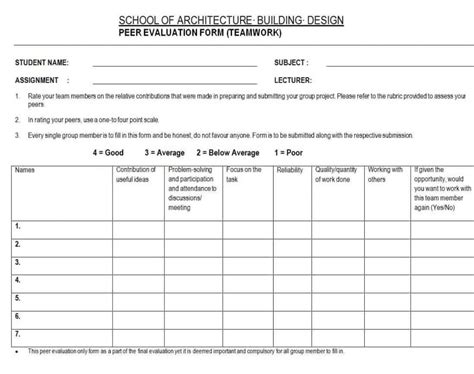 Peer Evaluation Form Templates Samples