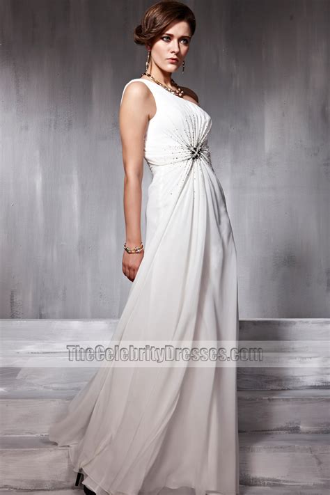 White One Shoulder Full Length Beaded Celebrity Inspired Prom Dress