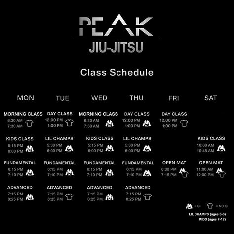 Class Schedule Peak Jiu Jitsu